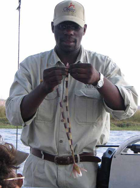 Travel guide in Botswana preparing a necklace made from flowers